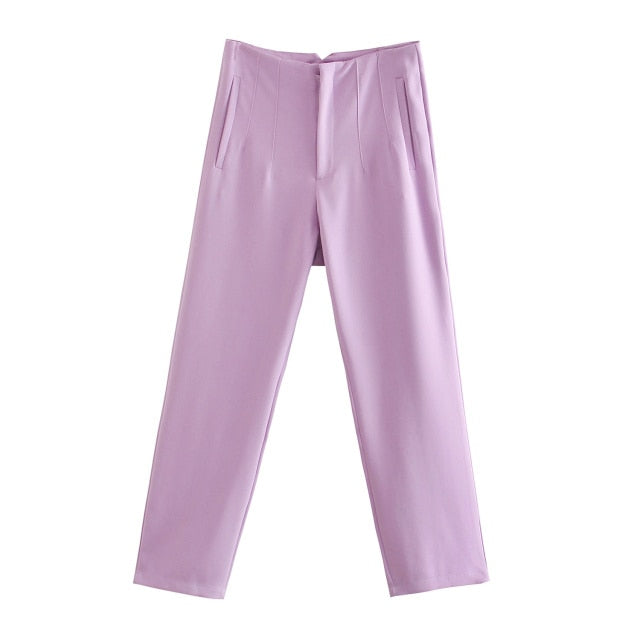 Spring Trouser Suits High Waisted Pants Women Fashion Office Beige Pants Chic Button Zip Elegant Pink Casual Woman Pants