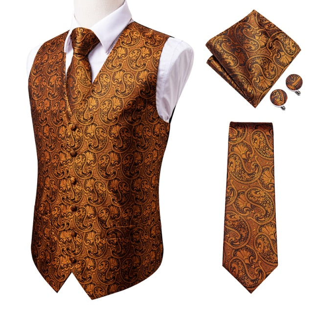 Hi-Tie 100% Silk Men's Waistcoat for Men Suit Vintage Fashion Formal Brown Paisley Dress Vests Men Wedding Party formal Dresses