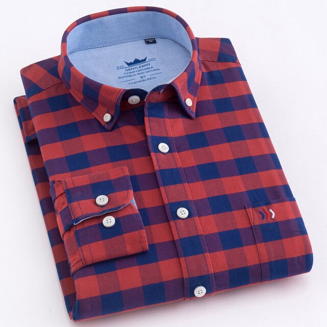 maoxiangshop Men's Oxford Casual 100% Cotton Plaid Checkered Shirt Front Patch Chest Pocket Long Sleeve Thick Button-down Striped Shirts