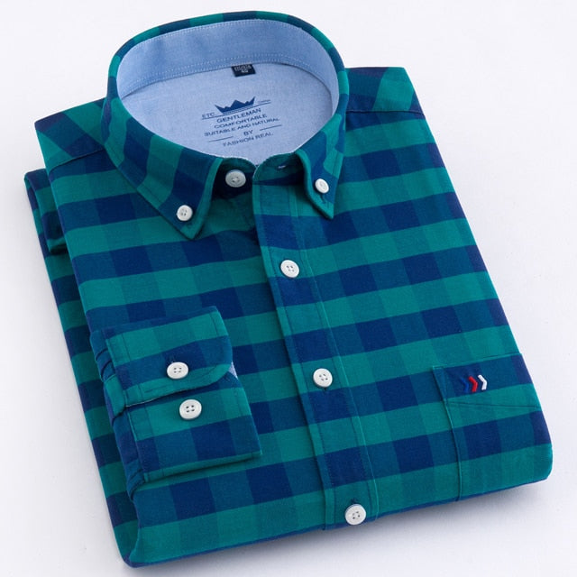 maoxiangshop Men's Oxford Casual 100% Cotton Plaid Checkered Shirt Front Patch Chest Pocket Long Sleeve Thick Button-down Striped Shirts