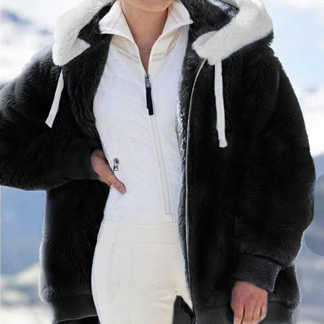 Winter Women's Jacket Plush Patchwork Zipper Pocket Hooded Jacket Fur Woman Coat Plus Size Thick Warm Women Top Winter Outerwear