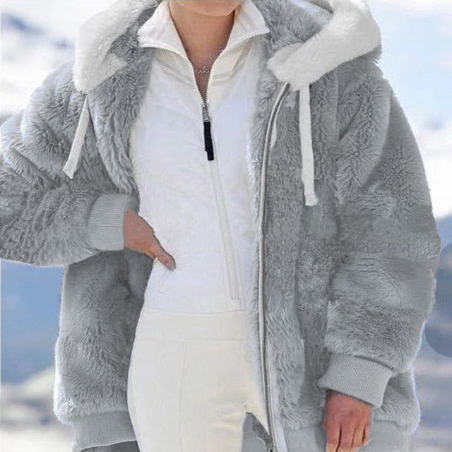 Winter Women's Jacket Plush Patchwork Zipper Pocket Hooded Jacket Fur Woman Coat Plus Size Thick Warm Women Top Winter Outerwear