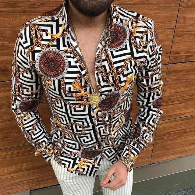 New Punk Style Men's Silk Satin Digital printing Shirts Male Slim Fit Long Sleeve Flower Print Casual Party Shirt Tops