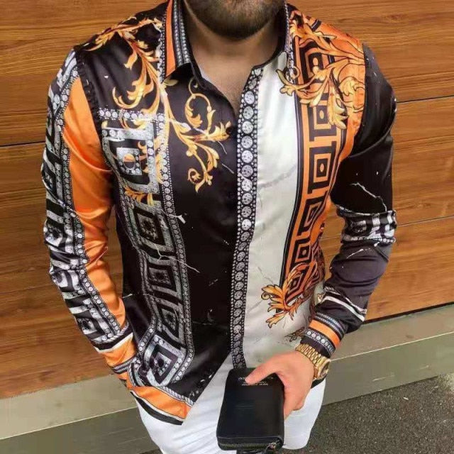 New Punk Style Men's Silk Satin Digital printing Shirts Male Slim Fit Long Sleeve Flower Print Casual Party Shirt Tops