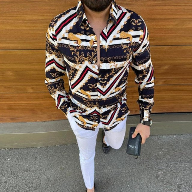 New Punk Style Men's Silk Satin Digital printing Shirts Male Slim Fit Long Sleeve Flower Print Casual Party Shirt Tops