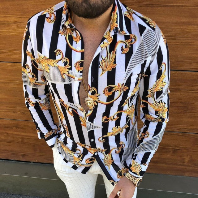 New Punk Style Men's Silk Satin Digital printing Shirts Male Slim Fit Long Sleeve Flower Print Casual Party Shirt Tops
