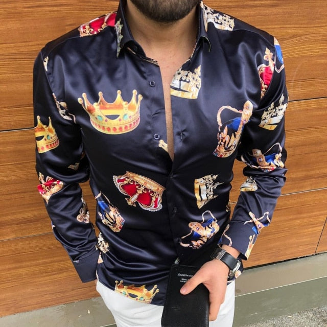New Punk Style Men's Silk Satin Digital printing Shirts Male Slim Fit Long Sleeve Flower Print Casual Party Shirt Tops