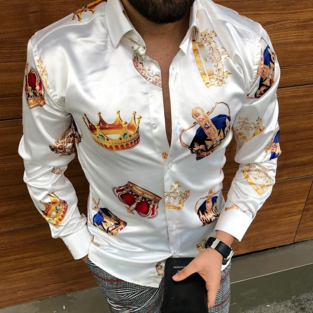 New Punk Style Men's Silk Satin Digital printing Shirts Male Slim Fit Long Sleeve Flower Print Casual Party Shirt Tops