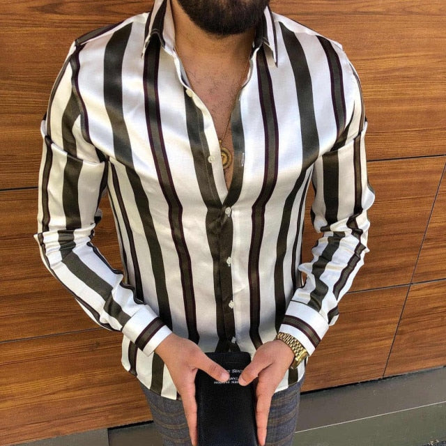 New Punk Style Men's Silk Satin Digital printing Shirts Male Slim Fit Long Sleeve Flower Print Casual Party Shirt Tops
