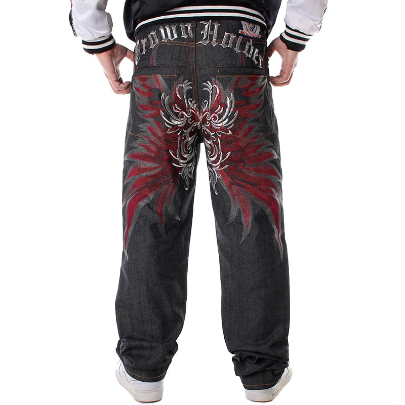 maoxiangshop Mens Jeans Top Rushed Stripe Loose Hip Hop Jeans Men Printed Hiphop Demin Pants Tide Trousers Embroidered Flower Wings