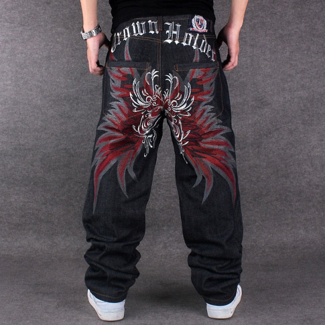 maoxiangshop Mens Jeans Top Rushed Stripe Loose Hip Hop Jeans Men Printed Hiphop Demin Pants Tide Trousers Embroidered Flower Wings