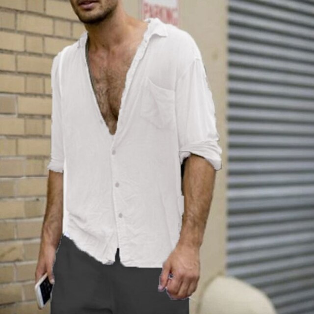 Men Vintage Shirts Autumn Solid Men's Long Sleeve V-neck Casual Beach Shirt Men's Clothing Large Size Chemise Homme