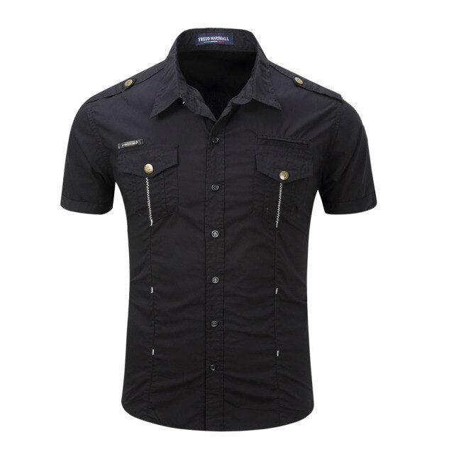 High quality Mens Cargo Shirt Men Casual Shirt Solid Short Sleeve Shirts Work Shirt with Wash Standard US Size 100% Cotton