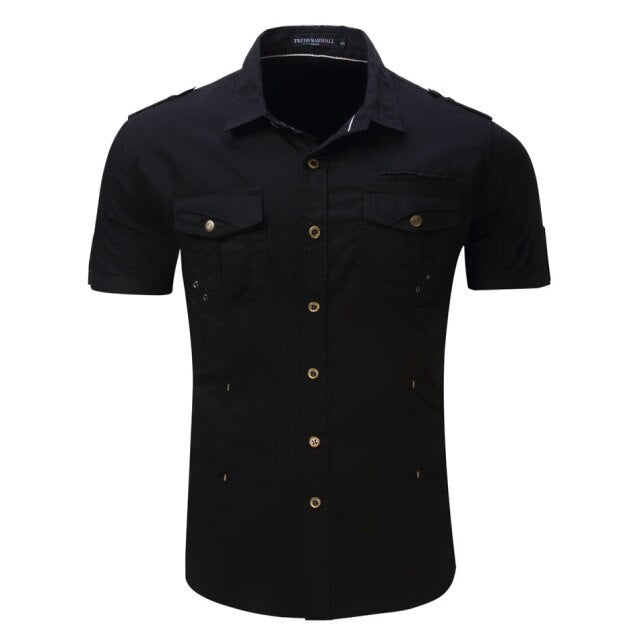 High quality Mens Cargo Shirt Men Casual Shirt Solid Short Sleeve Shirts Work Shirt with Wash Standard US Size 100% Cotton