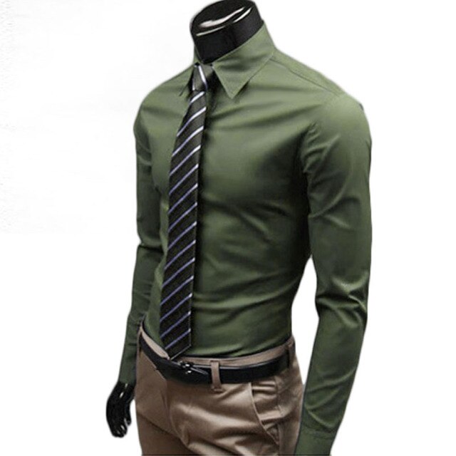 New Men Long Sleeve Shirt Cotton Social Solid Business Slim Fit Turndown Collar Shirts Clothing SCI88