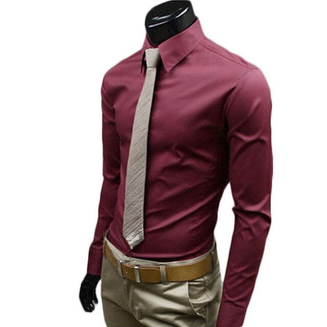 New Men Long Sleeve Shirt Cotton Social Solid Business Slim Fit Turndown Collar Shirts Clothing SCI88