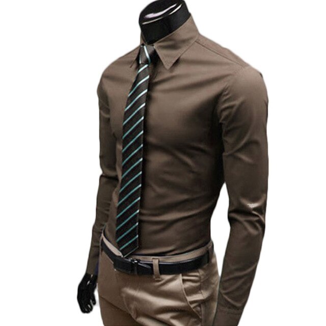 New Men Long Sleeve Shirt Cotton Social Solid Business Slim Fit Turndown Collar Shirts Clothing SCI88