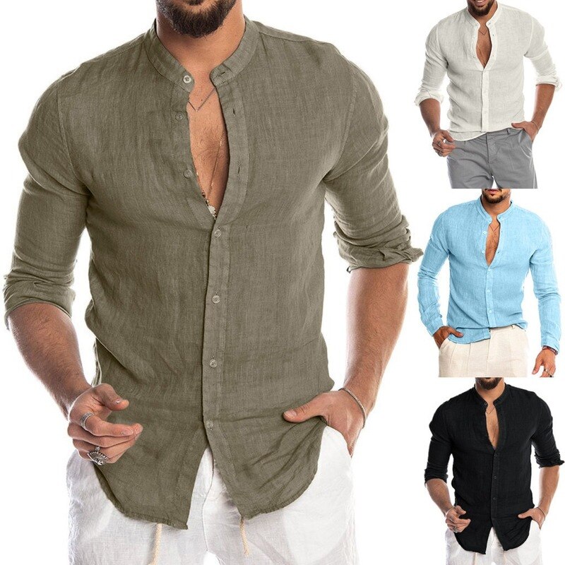 Lugentolo Slim-fit Stand-collar Shirt Mens Long Sleeve Single Breasted Summer Casual Plus Size Linen Men Tops