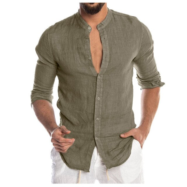 Lugentolo Slim-fit Stand-collar Shirt Mens Long Sleeve Single Breasted Summer Casual Plus Size Linen Men Tops