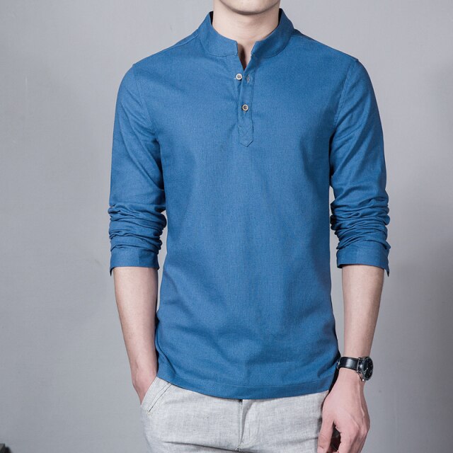 Men's New Stand-up Collar Long-sleeved Shirt Cotton Linen Linen Shirt Gentleman Casual Business Slim Shirt