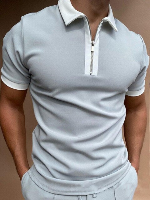 Summer Blue Plaid Men's Streetwear Fashion Patchwork Men Short Sleeve Polo Shirts Casual Turn-down Collar Zipper Quick Dry Tops