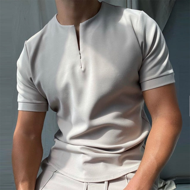 Summer Blue Plaid Men's Streetwear Fashion Patchwork Men Short Sleeve Polo Shirts Casual Turn-down Collar Zipper Quick Dry Tops