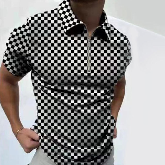 Summer Blue Plaid Men's Streetwear Fashion Patchwork Men Short Sleeve Polo Shirts Casual Turn-down Collar Zipper Quick Dry Tops