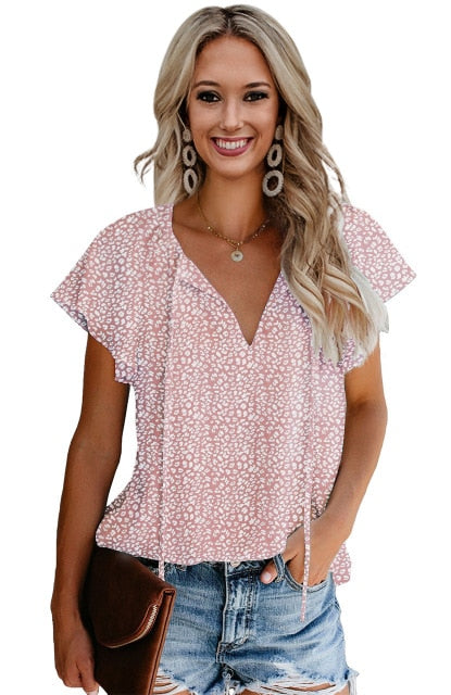 Women Blouses Butterfly Short Sleeves Shirt Summer Bow Lace Up Polka Dot Female Tops Ruffle Pullover Vintage Blusa