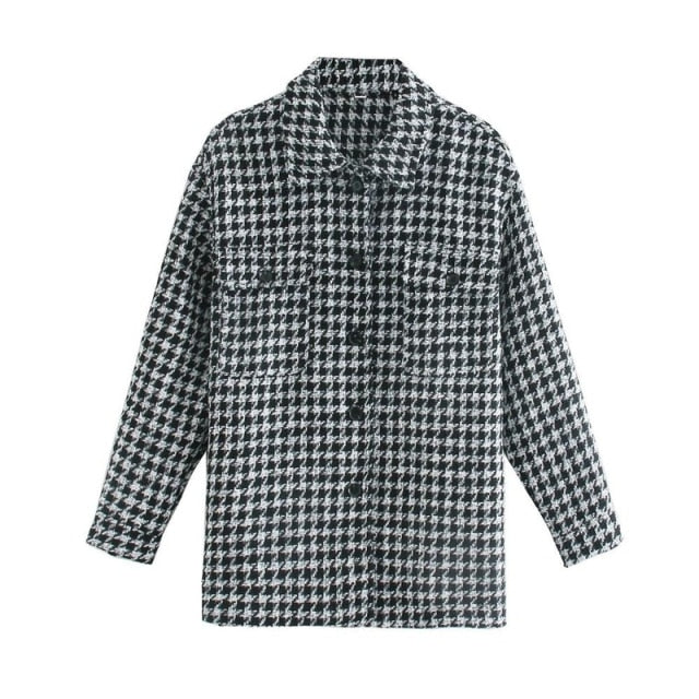 Women Autumn Plaid Jacket Check Houndstooth Lapel Collar Coat Winter Female New Full Sleeves Single Breasted Outerwear Classic