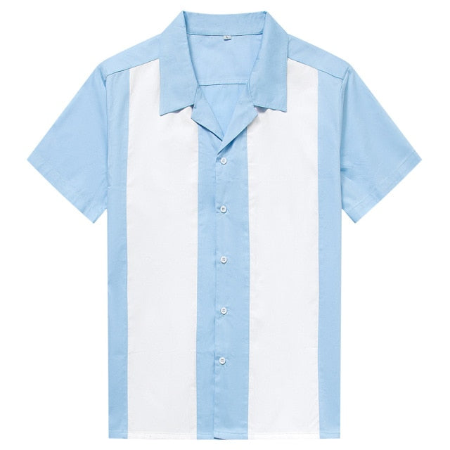Men Shirt Short Sleeve Summer Rockabilly Bowling Cotton Casual Shirts Men Vintage Shirt Printed Splicing Camisa Masculina S-3XL