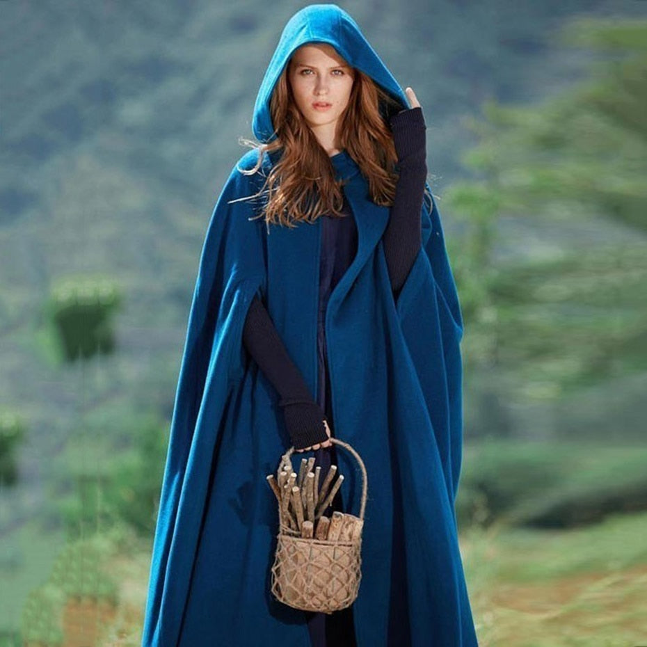 Women Winter Maxi Hooded Cape Coat Vintage Elegant Chic Shawl Loose Long Hooded Cloak Cape Ponchos Womens Wrap Coat