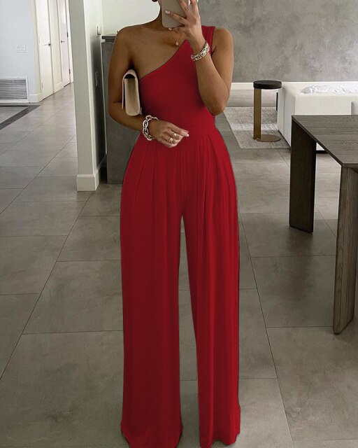 Women Basic Plain Ruched Wide Leg Jumpsuit Femme Elegant One Shoulder Solid Long Pants Office Lady Casual Vetement New