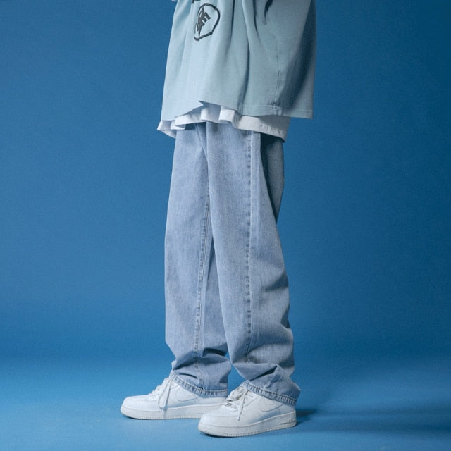 Straight Jeans men Autumn White/black Korean Man Loose Denim Trousers Streetwear Male Casual Pants Men's Solid Color wide jeans