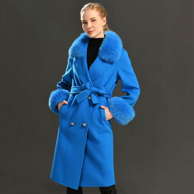 Women's Wool Coat Spring Real Fox Fur Collar Woolen Jacket Adjustable Waist Slim Ladies Long Overcoat
