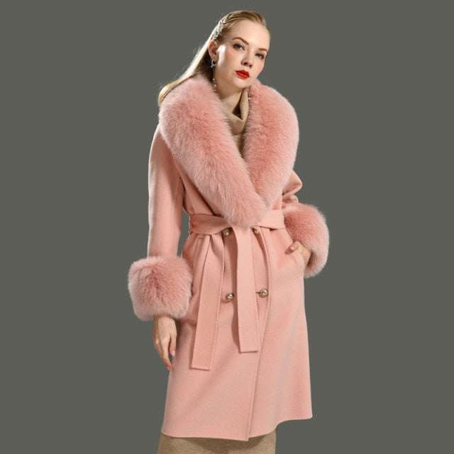 Women's Wool Coat Spring Real Fox Fur Collar Woolen Jacket Adjustable Waist Slim Ladies Long Overcoat