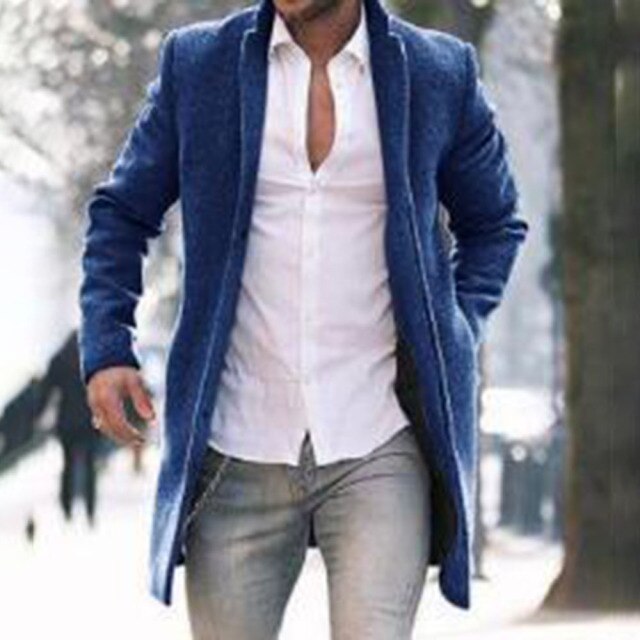 maoxiangshop Autumn Winter New Fashion Men Solid Color Woolen Coat Keep Warm Pocket Lapel Long Sleeve Temperament Single Breasted