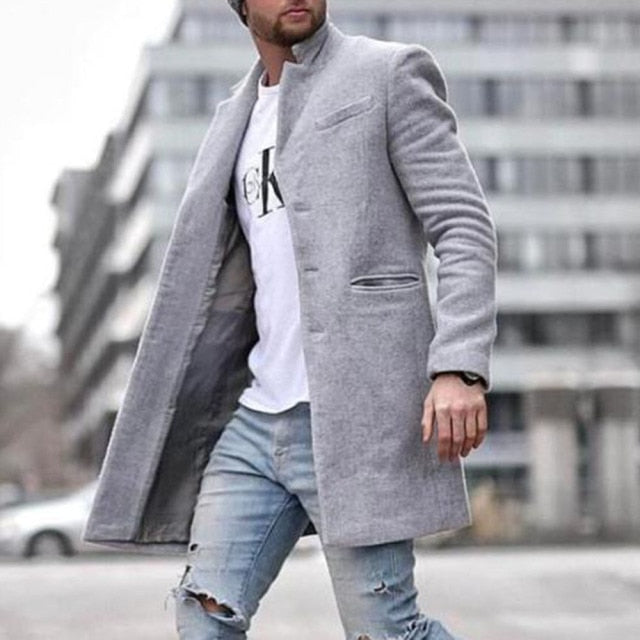 maoxiangshop Autumn Winter New Fashion Men Solid Color Woolen Coat Keep Warm Pocket Lapel Long Sleeve Temperament Single Breasted