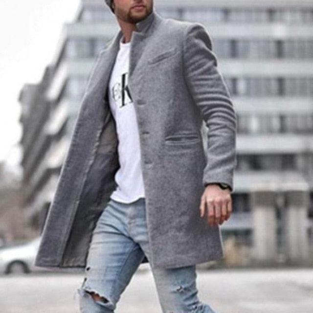 maoxiangshop Autumn Winter New Fashion Men Solid Color Woolen Coat Keep Warm Pocket Lapel Long Sleeve Temperament Single Breasted