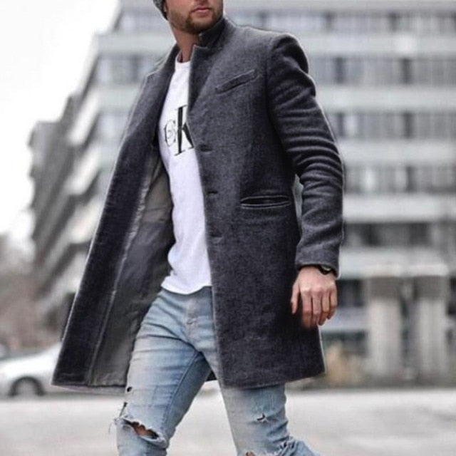 maoxiangshop Autumn Winter New Fashion Men Solid Color Woolen Coat Keep Warm Pocket Lapel Long Sleeve Temperament Single Breasted