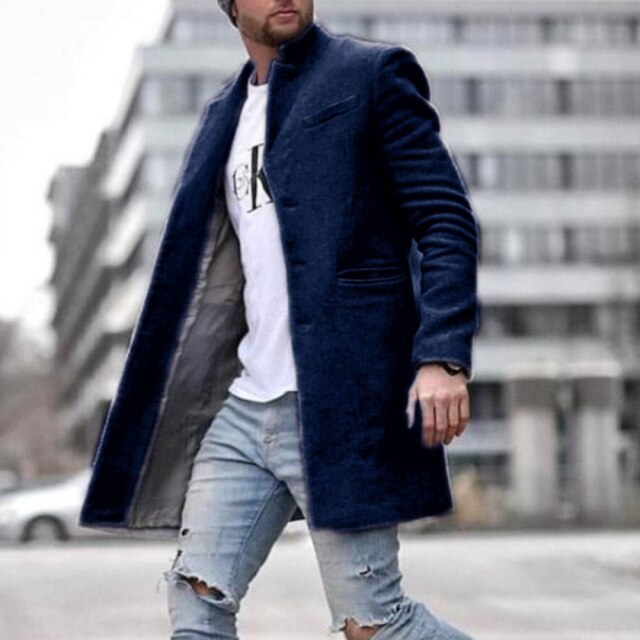 maoxiangshop Autumn Winter New Fashion Men Solid Color Woolen Coat Keep Warm Pocket Lapel Long Sleeve Temperament Single Breasted