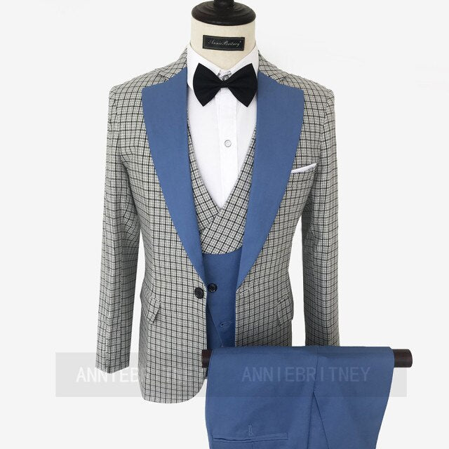 maoxiangshop Fashion Lattice Men's Suit Slim Fit Prom Wedding Suits for Men Groom Tuxedo Jacket Pants Set Custom White Casual Men Blazer
