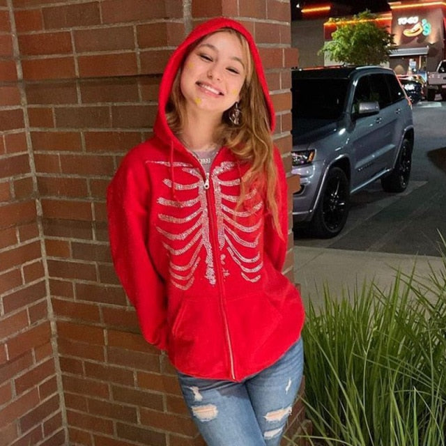 Y2K Rhinestone Skeleton Hoodies Women Autumn Streetwear Zip Up Goth Black Sweatshirts Harajuku Grunge Oversized Winter Hoodies
