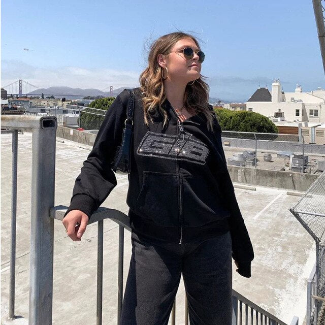 Y2K Rhinestone Skeleton Hoodies Women Autumn Streetwear Zip Up Goth Black Sweatshirts Harajuku Grunge Oversized Winter Hoodies