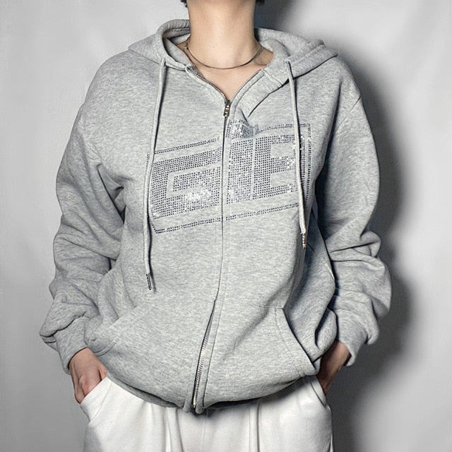 Y2K Rhinestone Skeleton Hoodies Women Autumn Streetwear Zip Up Goth Black Sweatshirts Harajuku Grunge Oversized Winter Hoodies
