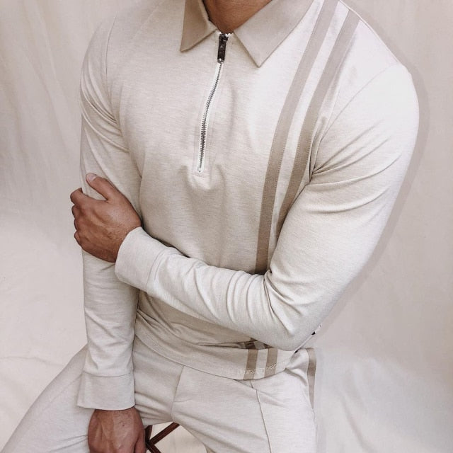 maoxiangshop Fall Winter New Men Polo Shirts Cotton Blends Striped Full Sleeve High Quality Casual Turn-Down Collar Zipper Thermal Top