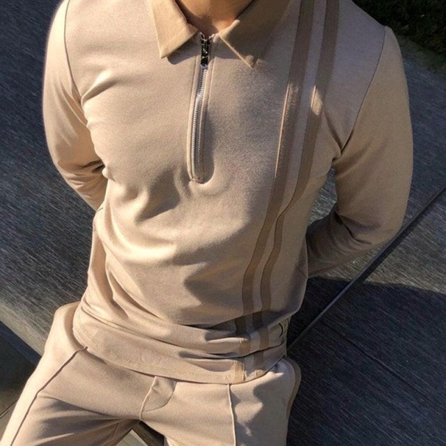 maoxiangshop Fall Winter New Men Polo Shirts Cotton Blends Striped Full Sleeve High Quality Casual Turn-Down Collar Zipper Thermal Top