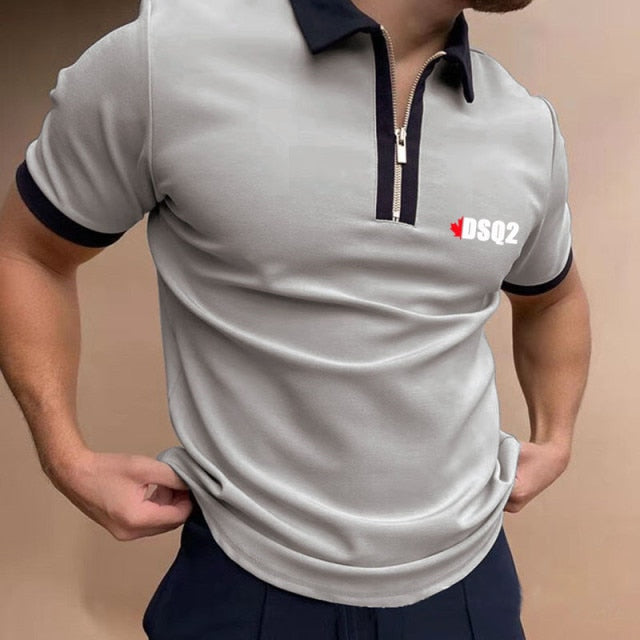 maoxiangshop Fall Winter New Men Polo Shirts Cotton Blends Striped Full Sleeve High Quality Casual Turn-Down Collar Zipper Thermal Top