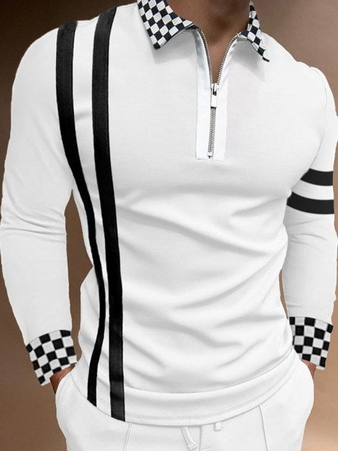 maoxiangshop Fall Winter New Men Polo Shirts Cotton Blends Striped Full Sleeve High Quality Casual Turn-Down Collar Zipper Thermal Top