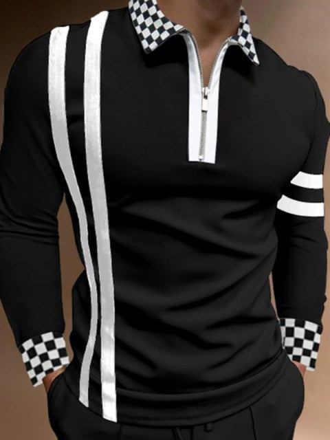maoxiangshop Fall Winter New Men Polo Shirts Cotton Blends Striped Full Sleeve High Quality Casual Turn-Down Collar Zipper Thermal Top
