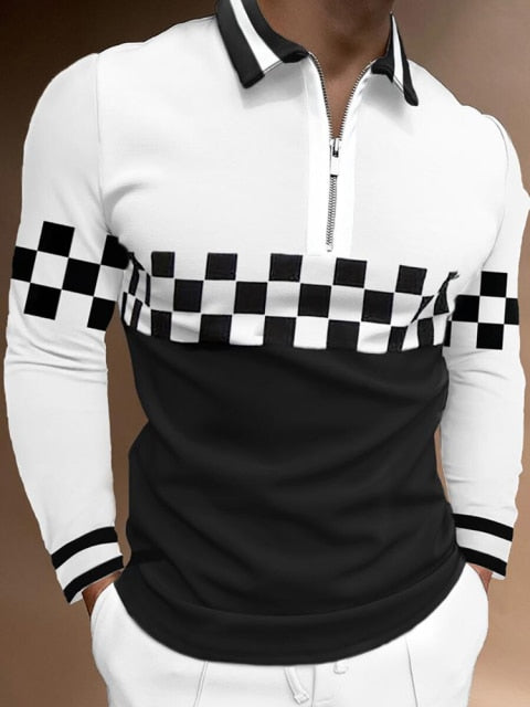 maoxiangshop Fall Winter New Men Polo Shirts Cotton Blends Striped Full Sleeve High Quality Casual Turn-Down Collar Zipper Thermal Top